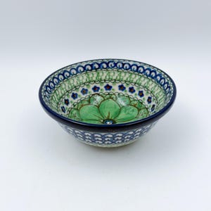 5” Bowl.  Hand crafted Polish pottery stoneware: UNIKAT Green Pansies Design