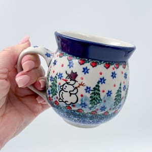 12 oz Bubble Mug. Handcrafted Polish pottery stoneware:  UNIKAT Snowman Stroll