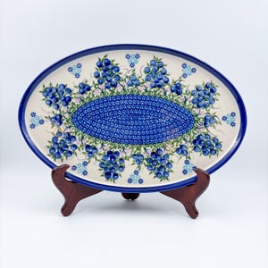 13.5" Oval Tray.  Hand crafted Polish pottery stoneware: UNIKAT Blueberry Design.