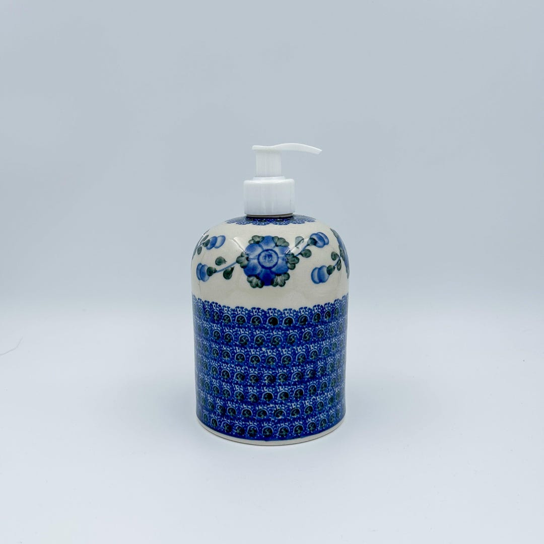 Soap Dispenser 7”. Handmade Polish pottery. Blue Poppies