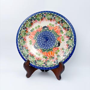 10.2” Plate.  Hand crafted Polish pottery stoneware: UNIKAT Hedgehog and Pumpkins