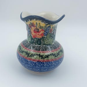 Vase Wavy 4”.  Handmade Polish pottery.  UNIKAT Copper Rose Meadow Pattern