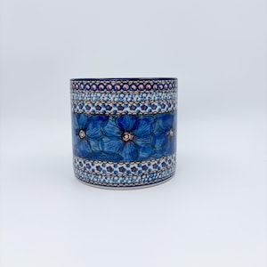 Utensil Jar 5”.  Handmade Polish pottery.  UNIKAT Cobalt Poppies