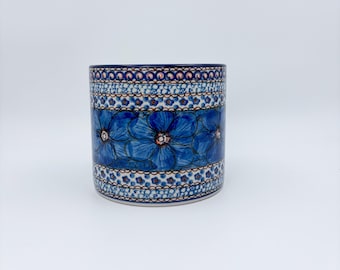 Utensil Jar 5”.  Handmade Polish pottery.  UNIKAT Cobalt Poppies