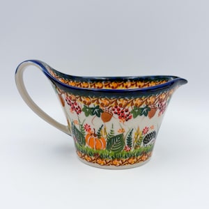 12 oz Loop Handle Gravy Boat.  Hand painted Polish pottery stoneware.  UNIKAT Hedgehog and Mushroom