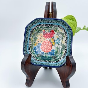 4” Square Bowl.  Hand crafted Polish pottery stoneware:   Unikat Butterfly Garden Pattern