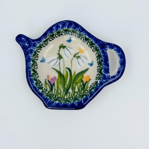 Teabag Holder.  Handmade Teapot Polish pottery.  UNIKAT Snowdrop Garden