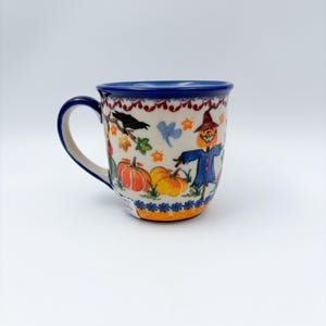 14 oz Viking Mug. Handcrafted Polish pottery stoneware:  UNIKAT Pumpkin Scarecrow Design