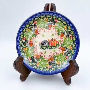 6” Plate.  Hand crafted Polish pottery stoneware: UNIKAT Hedgehogs and Pumpkins