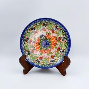 7.75” Plate.  Hand crafted Polish pottery stoneware: UNIKAT Hedgehogs and Pumpkins