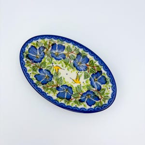 7" Oval Milano Platter  Hand crafted Polish pottery stoneware: UNIKAT Blue Poppy Songbird