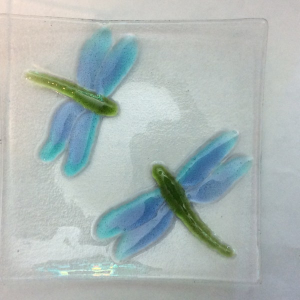 DRAGONFLY GLASS PLATE - Fused Glass Blue Swamp Darner Dragonflies