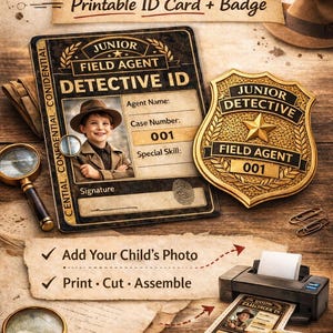 May include: A Junior Detective Kit featuring a printable ID card and badge. The kit includes a detective ID card with a photo, a gold badge, and instructions to add a child's photo, print, cut, and assemble. Ideal for young detectives.