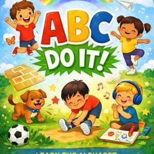 May include: A colorful children's book cover with the text "ABC DO IT!" and the phrase "Learn the Alphabet Through Movement." The image features cartoon children, a rainbow, a puppy, a soccer ball, and musical notes.