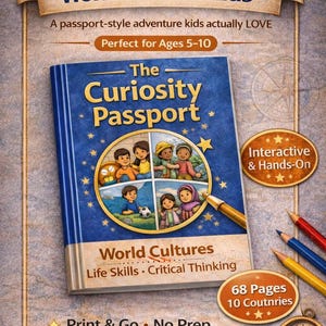Cuaderno de ejercicios de Curiosity Passport / Culturas del mundo y geografía para niños (patrón PDF) de 5 a 10 años