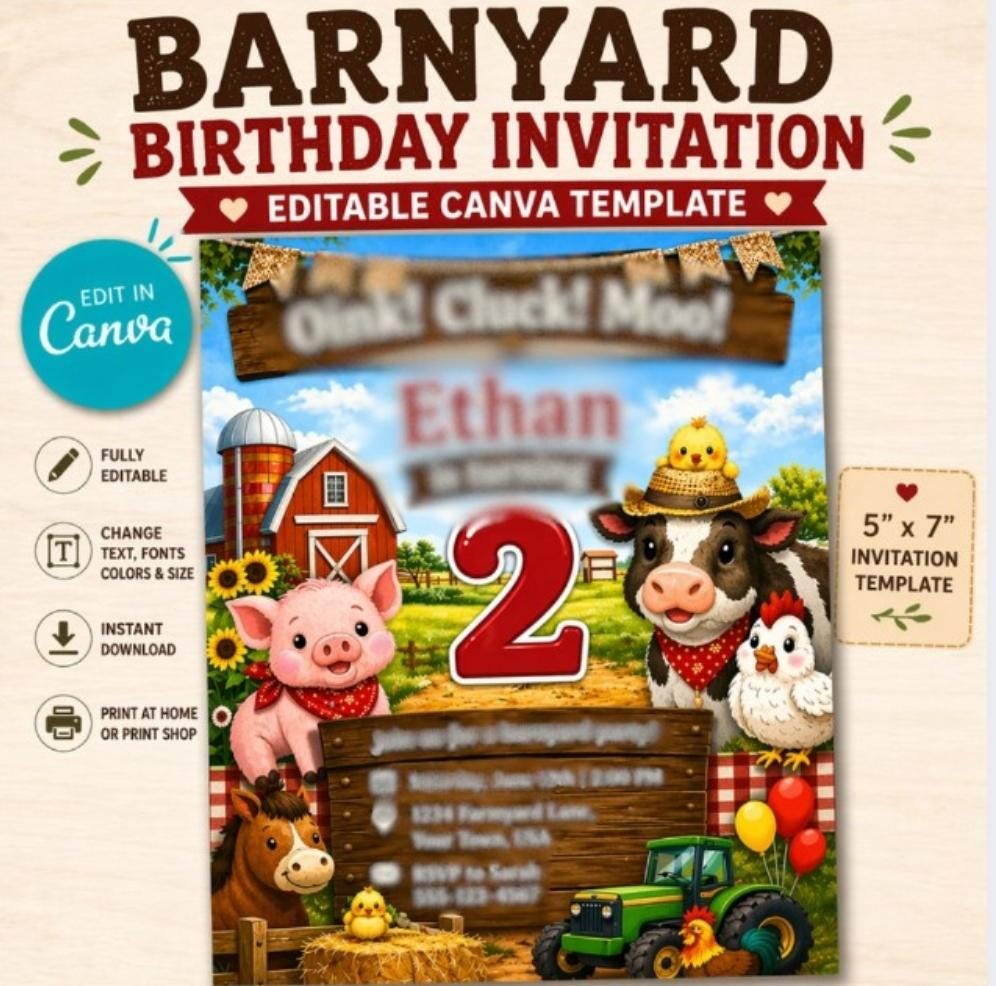 Barnyard Birthday Invitation Template, Editable Farm Party Invite (5x7 ...