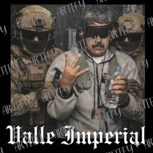 May include: An image shows a man with a blindfold, flanked by two soldiers in combat gear. The man holds a water bottle and makes a hand gesture. The text "Valle Imperial" is displayed in a decorative font.