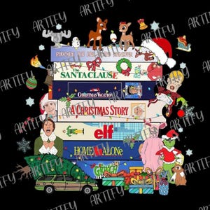 Puede incluir: Un diseño festivo con una pila de cintas VHS de películas navideñas, incluyendo "Solo en casa" y "Elf". La imagen incluye decoraciones navideñas, personajes de dibujos animados y un coche con un árbol de Navidad, sobre un fondo negro.