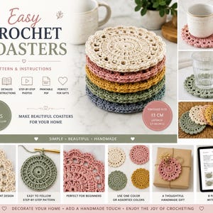 Może przedstawiać: Cyfrowy przewodnik ze wzorem na szydełkowe podstawki pod kubek zatytułowany Easy Crochet Coasters. Obraz przedstawia stos pięciu okrągłych, ażurowych podstawek w kolorach kremowym, różowym, musztardowym, szałwiowym i niebieskim oraz zdjęcia.