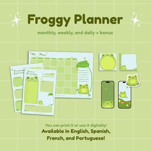 Puede incluir: Un planificador "Froggy" verde claro con diseños mensuales, semanales y diarios, además de contenido adicional. La imagen incluye un calendario, notas adhesivas y maquetas de teléfonos. El texto dice: "¡Disponible en inglés, español, francés y portugués!"
