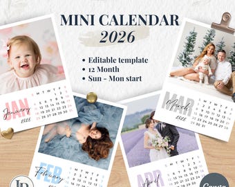 Editable 2026 Polaroid Photo Calendar Template, Mini Desk Calendar (Digital Download)