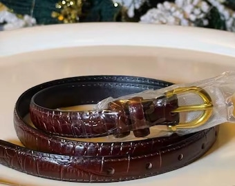 Genuine Leather Crocodile Embossed Slim Belt, Black Waist Accessory for Jeans Dresses
