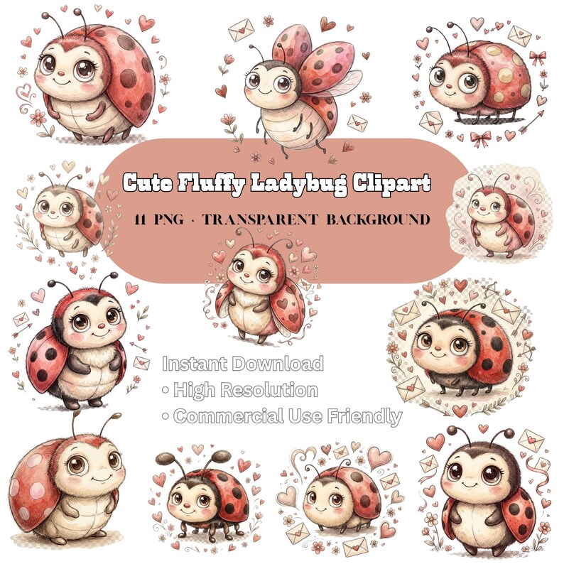 Ladybug Clipart PNG Bundle | Cute Fluffy Ladybugs | Woodland Watercolor ...