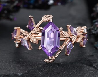 Hexagon Cut Amethyst Ring Vintage 14k Rose Gold Five Stone Leaf