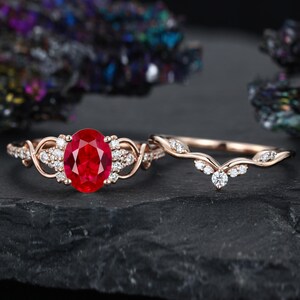 Oval Lab Ruby Engagement Ring Set Unique 14K Rose Gold Moissanite ring Stacking Lab grown diamonds Wedding Bridal Set Promise gift for women