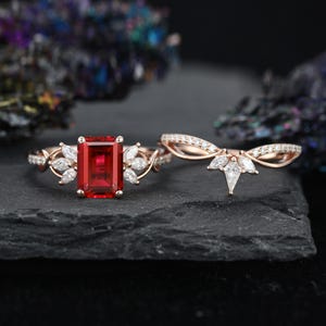 Emerald cut Ruby Engagement Ring 14k Rose gold twist Engagement ring Stacking Lab Diamond Wedding Bridal Set Anniversary gift for women