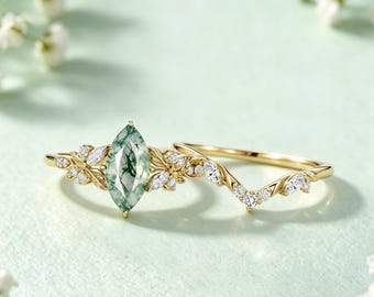 Set di anelli di fidanzamento con agata muschiata taglio marquise da 1,0 ct, fede nuziale in oro giallo massiccio, dettagli in moissanite, regalo di anniversario ispirato alla natura.