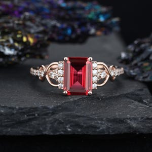 Emerald shaped Ruby Engagement Ring Unique Rose Gold Natural Diamond Half Eternity Ring Dainty Bridal Ring Twist Crossed Ring Promise Gift