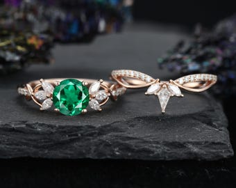 Round cut Emerald engagement ring Rose gold twist band engagement ring Stacking Lab Diamonds Wedding Bridal Set Anniversary gift for women