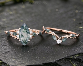 Marquise Cut Moss Agate Bridal Set 14K Rose Gold Leaf Vine Band Moissanite Vintage Nature Elegant Unique Wedding Engagement Gift for Women