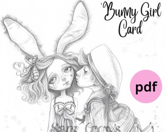 Bunny Girl-Coloring Greetings Card* ADULT COLOURING Card PDF ⦁ Greeting Card Digital Download ⦁