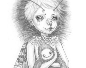 Little Moth boy and his sasquatch teddy, an A4 signed giclée print of my graphite drawing.