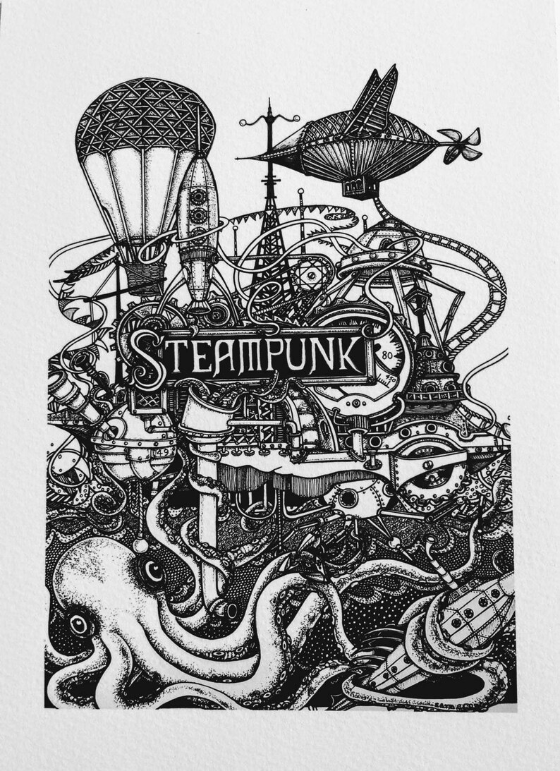 Steampunk a gicl\u00e9e print of my pen and ink drawing .