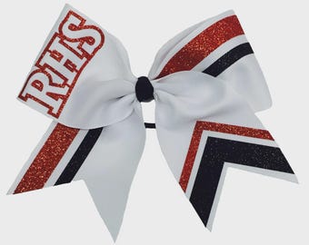 Custom Cheer Bow – 7" White Grosgrain Ribbon with Glitter Accent