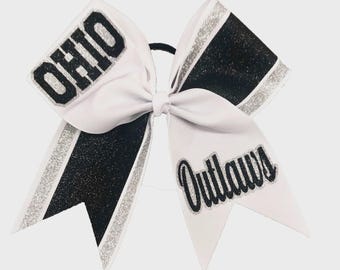 Custom Cheer Bow – 7" White Grosgrain Ribbon with Glitter Accent