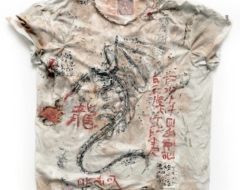 Hand-Painted Chinese Dragon T-Shirt, Distressed Artwork,