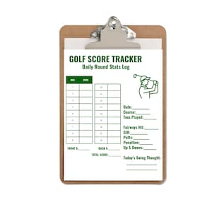 May include: A clipboard with a golf score tracker sheet. The sheet has a green and white design with spaces to record scores, stats, and notes. The text "GOLF SCORE TRACKER" and "Daily Round Stats Log" are at the top. A drawing of a golfer is on the right.