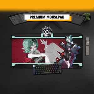 May include: A rectangular desk mat featuring a dark red and black background with an anime-style character illustration. The design includes a white skull icon at the top center and light blue accents. The text PREMIUM MOUSEPAD is visible.