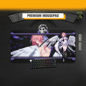 May include: A rectangular mousepad featuring a black background with purple accents and an anime-style illustration of a pink-haired character with large white wings. The design includes a small skull icon at the top centre and the text PREMIUM MOUSEPAD.