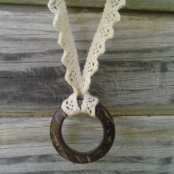 Eco Nursing Necklace with Coconut Ring and 100% Organic Cotton Lace - Free Domestic Shipping