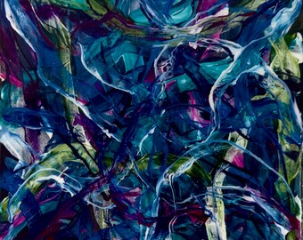 May include: Abstract painting with a square format. The artwork features a dynamic composition of swirling brushstrokes in shades of blue, teal, green, purple, and white. The colors blend and overlap, creating a sense of depth and movement. The painting has a textured appearance.