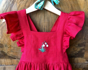 Red Linen Pinafore Size 3 Hand Embroidered