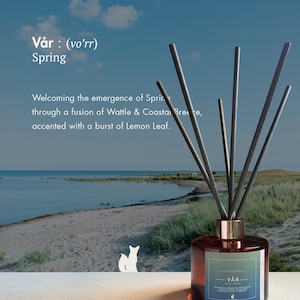 May include: A reed diffuser with a cylindrical amber glass bottle and a gold-toned collar, featuring five dark grey reeds. The label reads Vår : (vo’rr) Spring, Welcoming the emergence of Spring through a fusion of Wattle & Coastal Breeze, accented with a burst of Lemon Leaf.