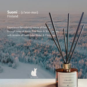May include: A reed diffuser in a round amber glass bottle with a gold collar and five black reeds. The label reads Finland and Blaraven. Text on the image includes Suomi, Finland, and a description of notes including Arctic Pine Resin and Birch Leaves.