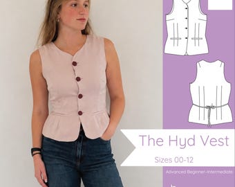 May include: A light pink sleeveless vest featuring a V-neckline, four dark maroon buttons, and two front welt pockets. The design includes a peplum-style hem. The image displays a sewing pattern illustration labeled The Hyd Vest, Sizes 00-12.
