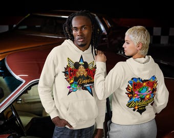 May include: Two people wearing cream-colored hoodies with graphic designs. The front of the hoodie features a star with a winged figure and the text "GOD GANG Kingdom Threadz". The back of the hoodie has a colorful design with the words "GOD GANG Worldwide".